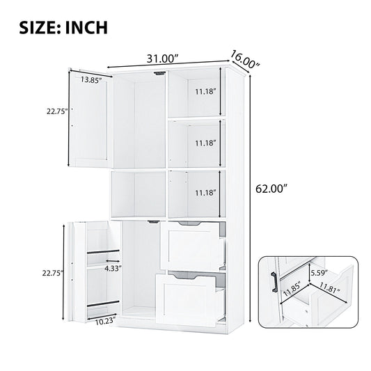 Bathroom storage cabinet with doors and drawers, multiple storage spaces, independent, open adjustable shelves, white