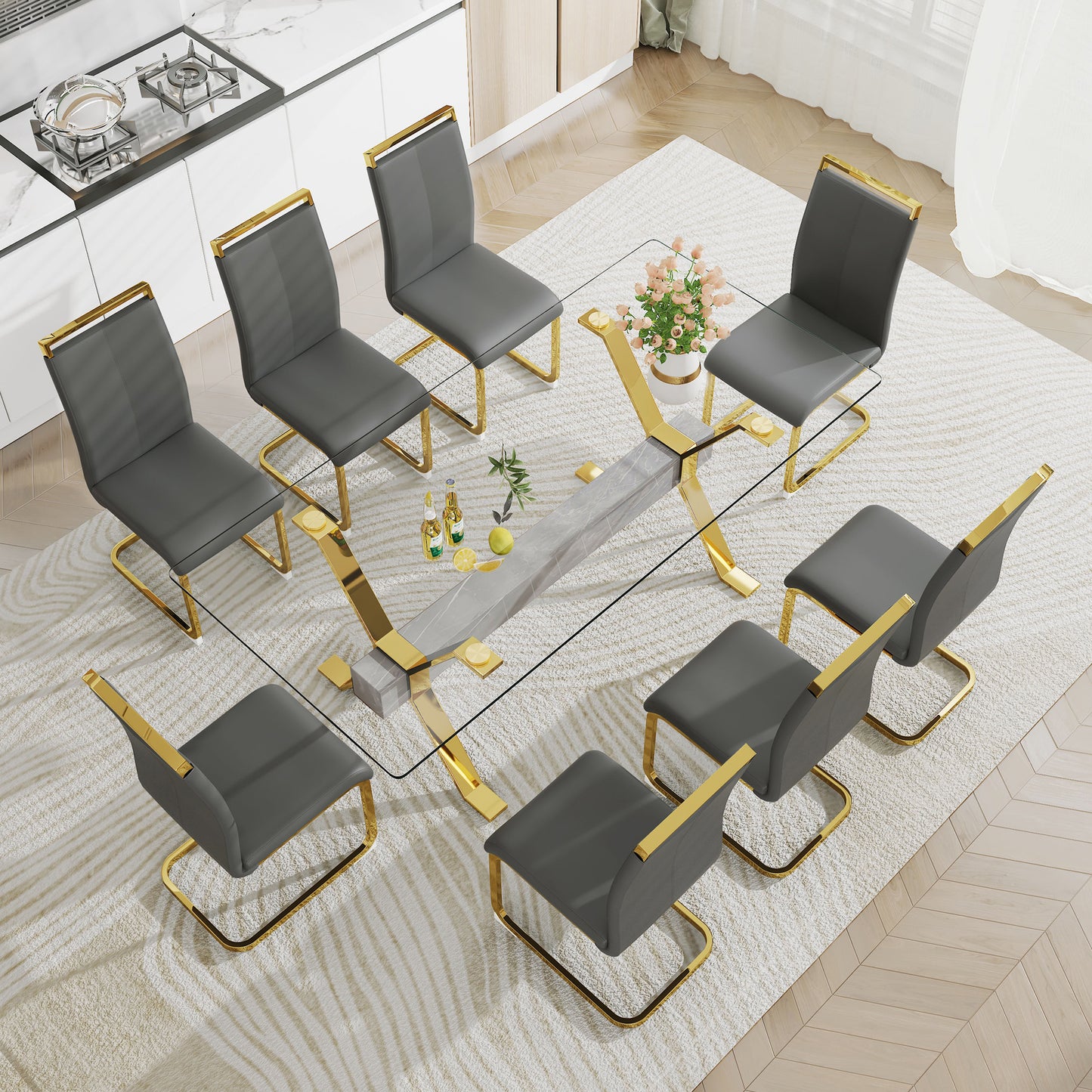 Mesa de comedor moderna de vidrio templado, escritorio de oficina grande con patas de metal chapado en oro y barras transversales de MDF