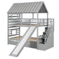 Twin over Twin House Bunk Bed with Trundle and Slide Storage Staircase, Roof and Window Design  Gray