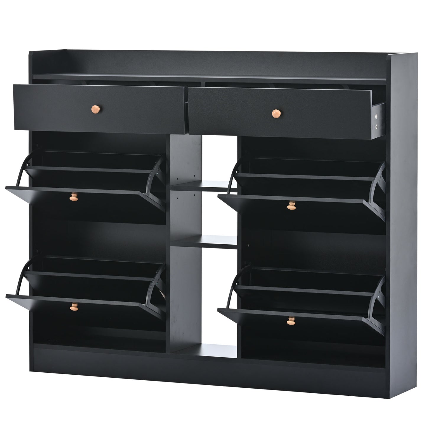 ONTREND modern shoe cabinet with 4 flipped drawers, multifunctional double-layer shoe storage with drawers, black.