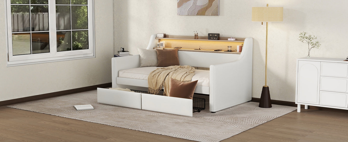 Twin Size Daybed with Drawers, Upholstered Daybed with Charging Station and LED Lights, White