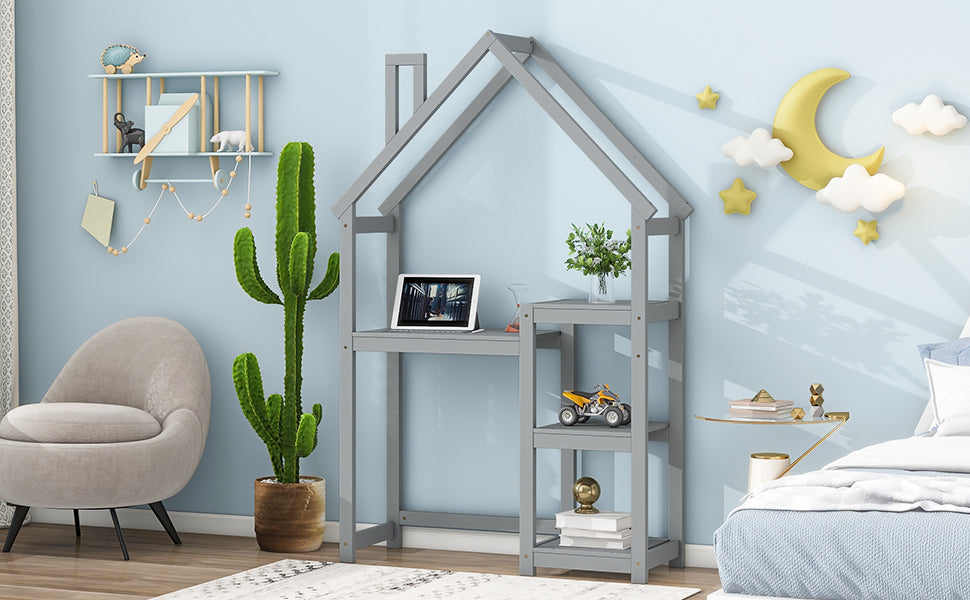 House-shaped Wooden writing Desk,Kids study Table,Bookshelf & Toy Storage,Grey