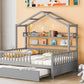 Wooden Full Size House Bed with Twin Size Trundle Kids Bed with Shelf Gray