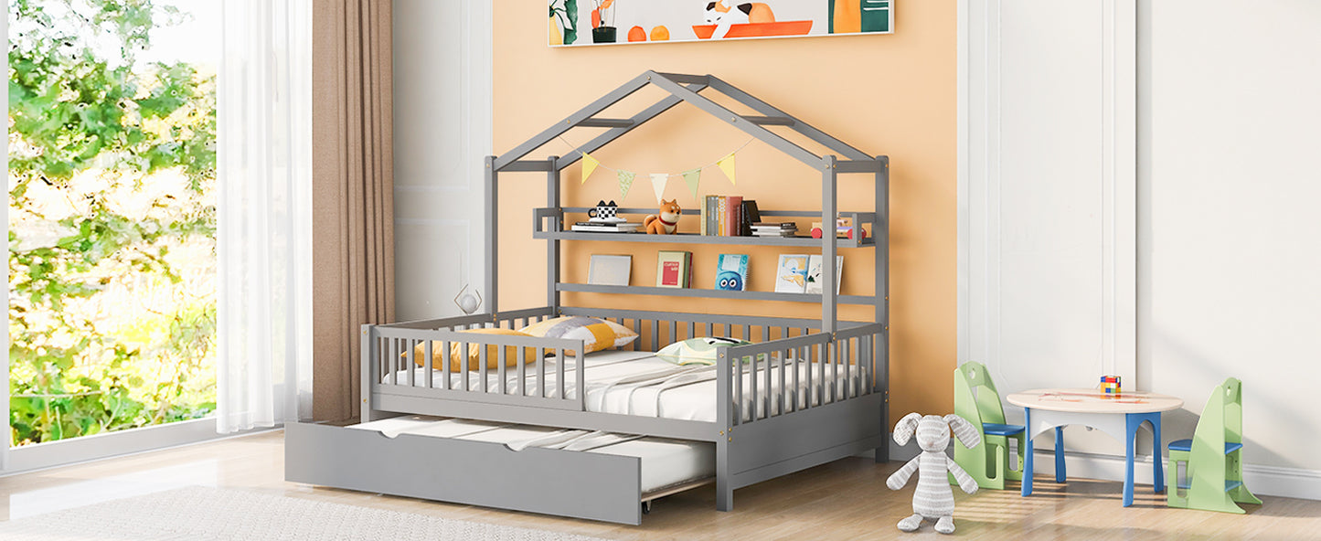 Wooden Full Size House Bed with Twin Size Trundle Kids Bed with Shelf Gray