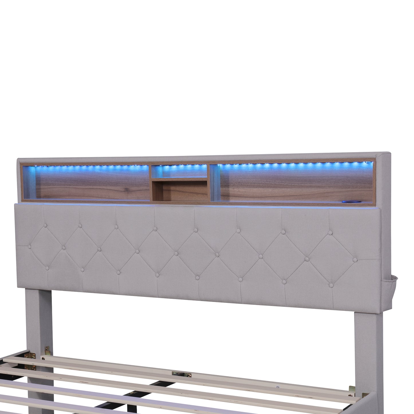 Cama tamaño queen tapizada con plataforma, cabecero con espacio de almacenamiento, luces LED, carga USB y 2 cajones, color beige