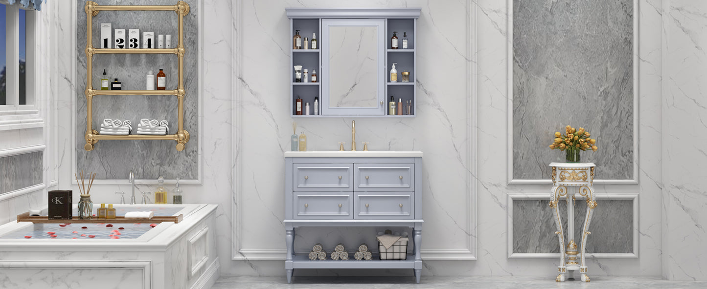 36" Bathroom Vanity with Medicine Cabinet, Adjustable Shelves, and 4 Drawers, Modern Design for Bathroom Storage