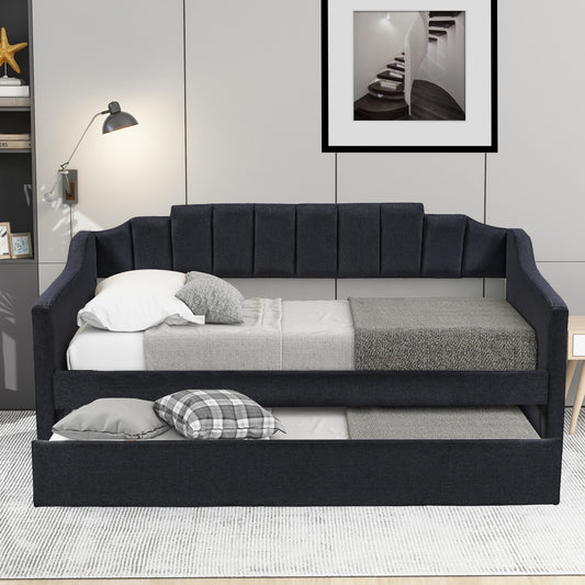 Sofá cama tapizado con dos camas individuales y cama nido, acabado en negro, para dormitorios y habitaciones de invitados