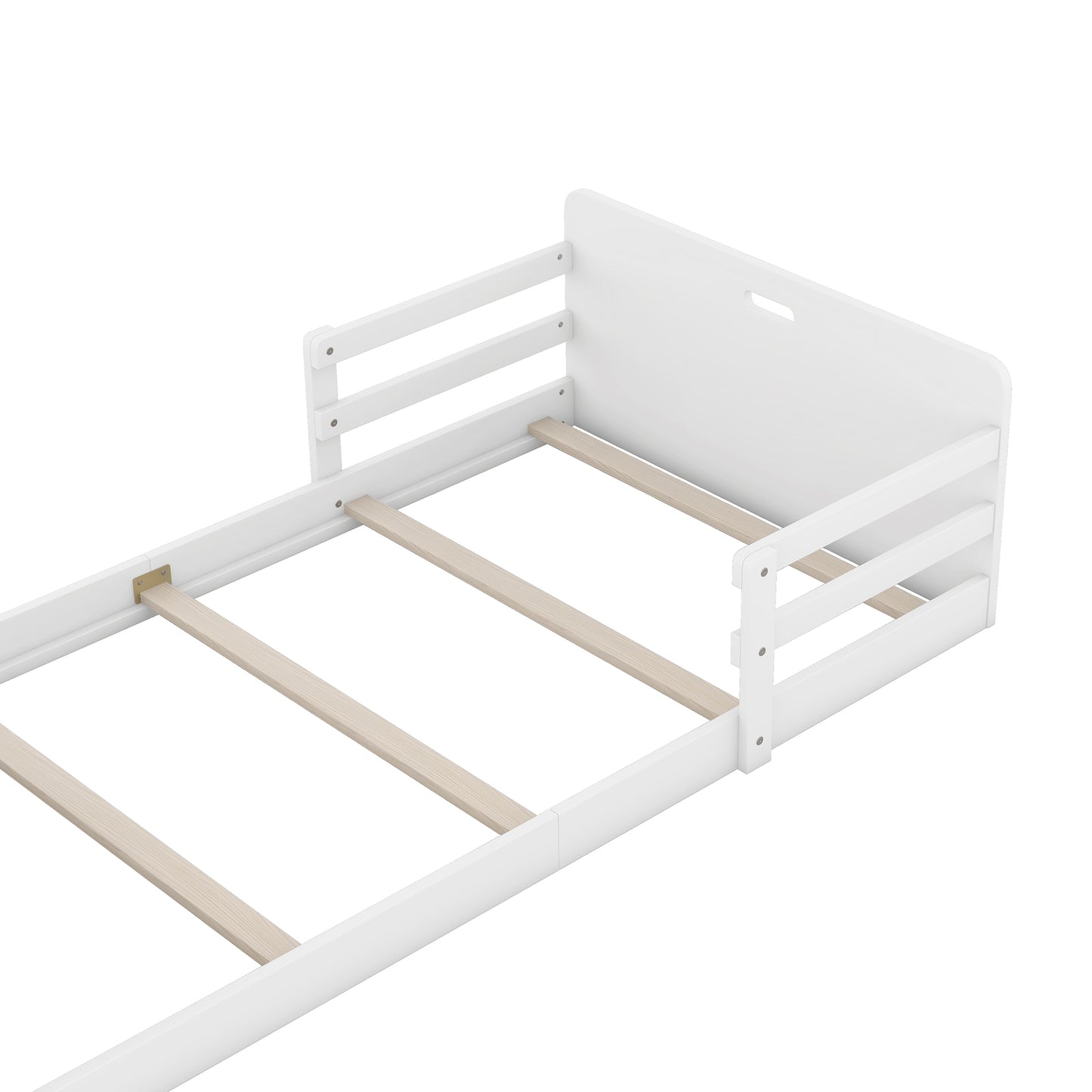 Twin Size Floor Bed with Storage Footboard and Guardrail, White