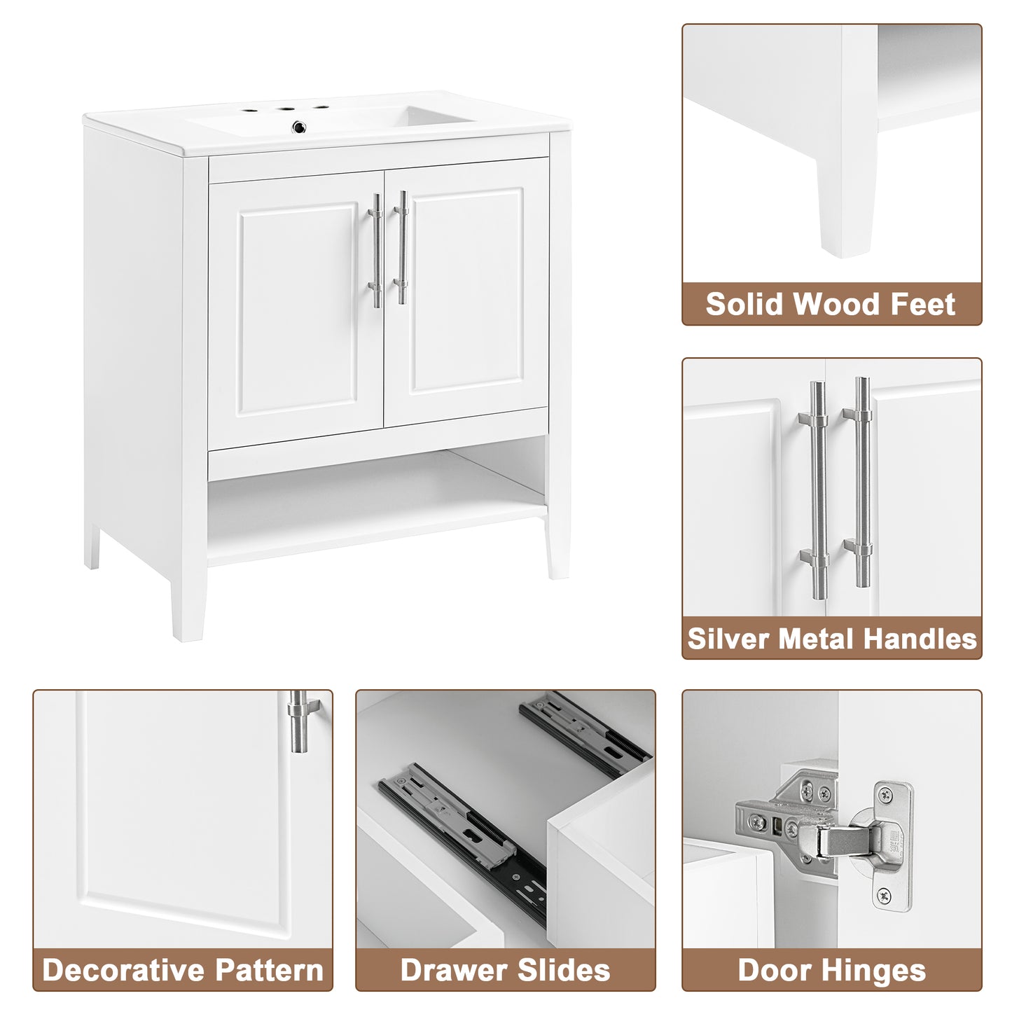 Bathroom Vanity with Sink Multi-functional Bathroom Cabinet with Doors and Drawers Solid Frame and MDF Board, White