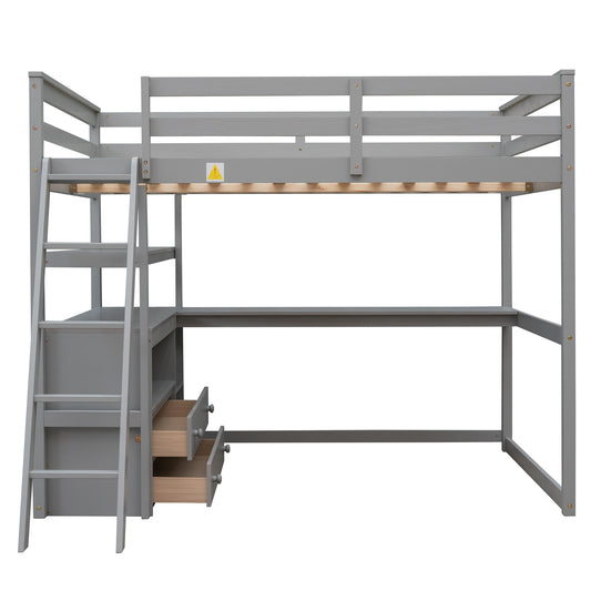 Full Size Loft Bed with Desk and Shelves,Two Built-in Drawers Gray