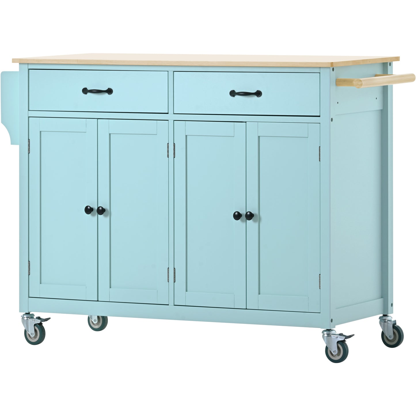 Kitchen Island Cart with 4-Door Cabinet, 2 Drawers, and Locking Wheels, Solid Wood Top in Mint Green