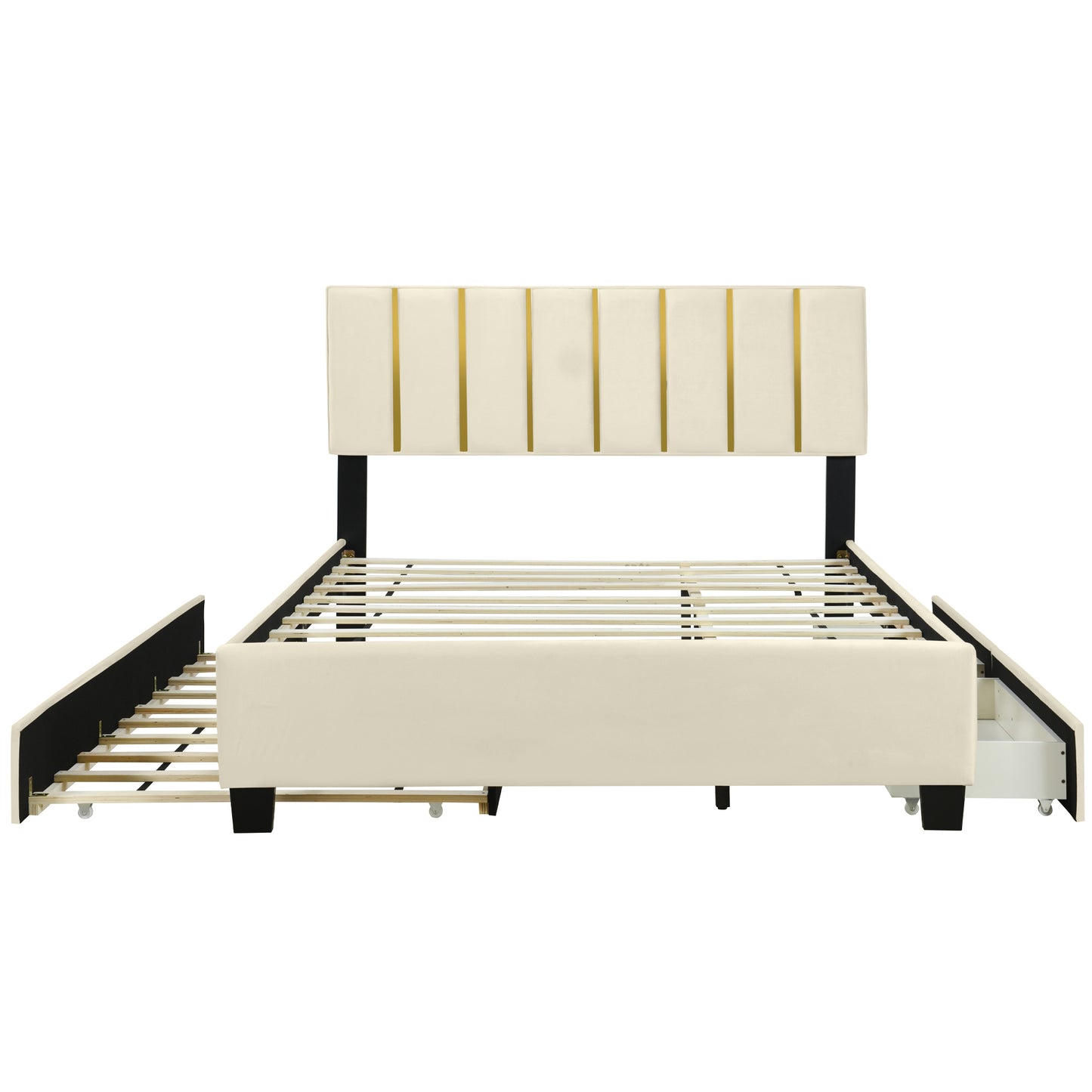 Queen Size Upholstered Platform Bed with 2 Drawers and 1 Trundle, Classic Metal Strip Headboard Design, Beige