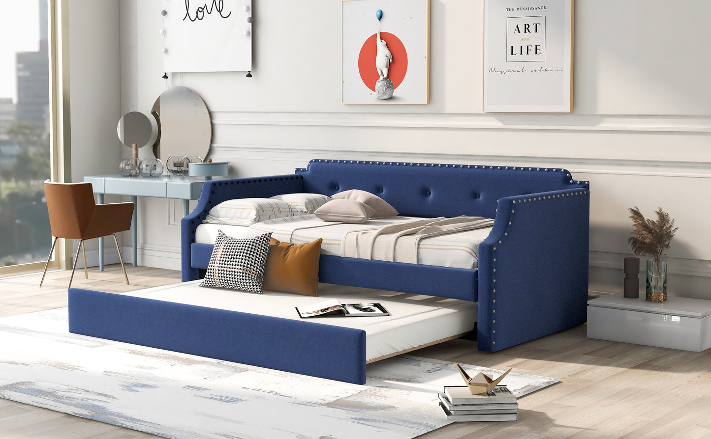 Upholstered Daybed with Trundle, Wood Slat Support,Upholstered Frame Sofa Bed Twin Blue