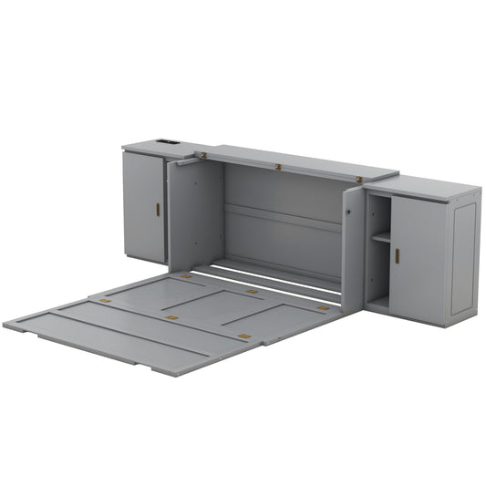 Queen Size Murphy Bed with Shelves, Cabinets, and USB Ports, Gray Finish for Modern Bedrooms