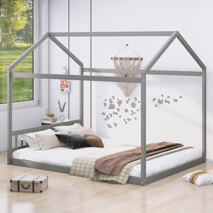 Queen Size Wooden House Bed with Headboard Gray