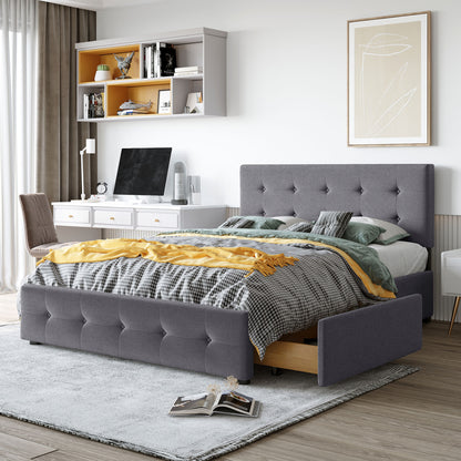 Upholstered Platform Bed with Classic Headboard and 4 Drawers No Box Spring Needed Linen Fabric Queen Size Dark gray