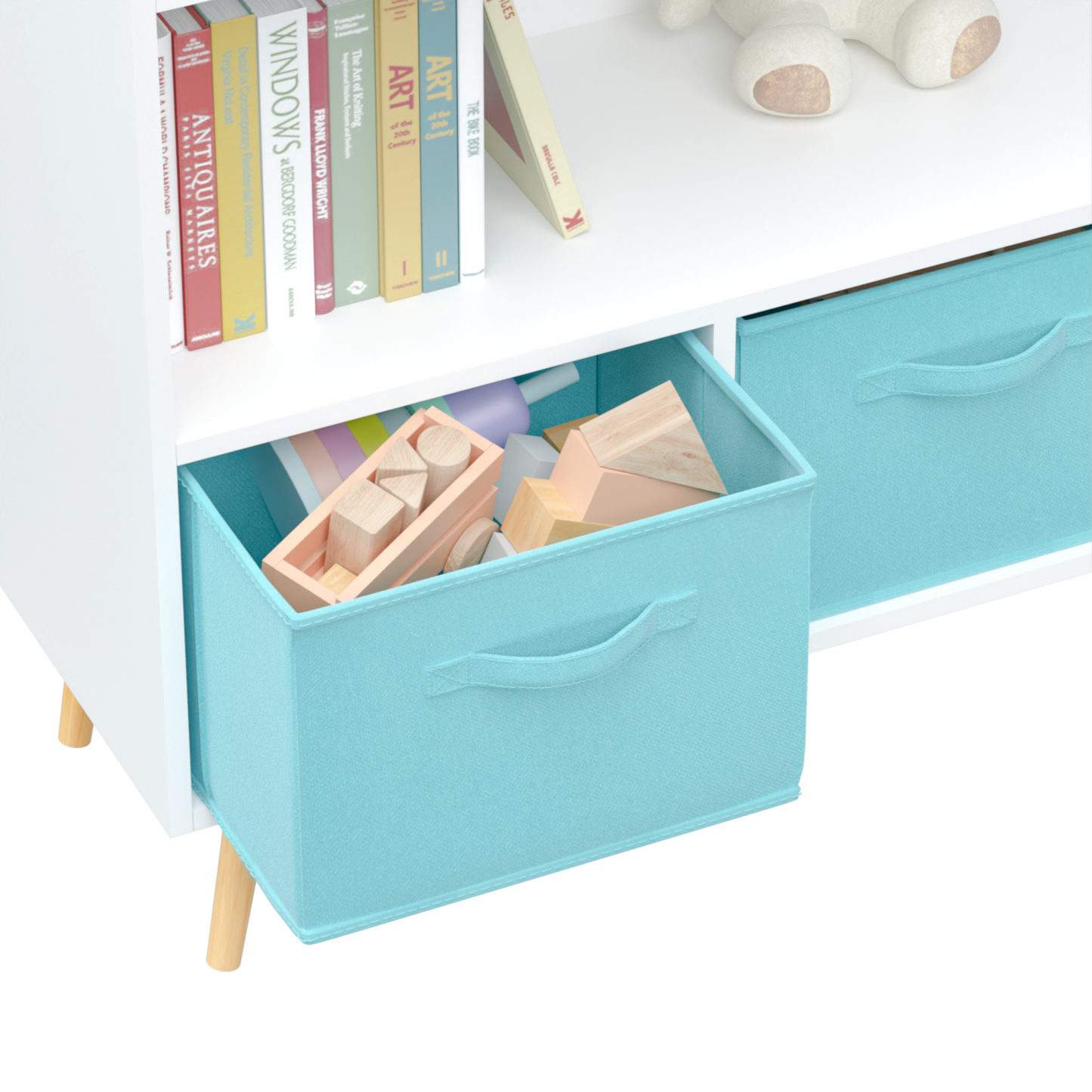 Kids bookcase with Collapsible Fabric Drawers Children's Book Display Toy Storage Cabinet Organizer White/Blue