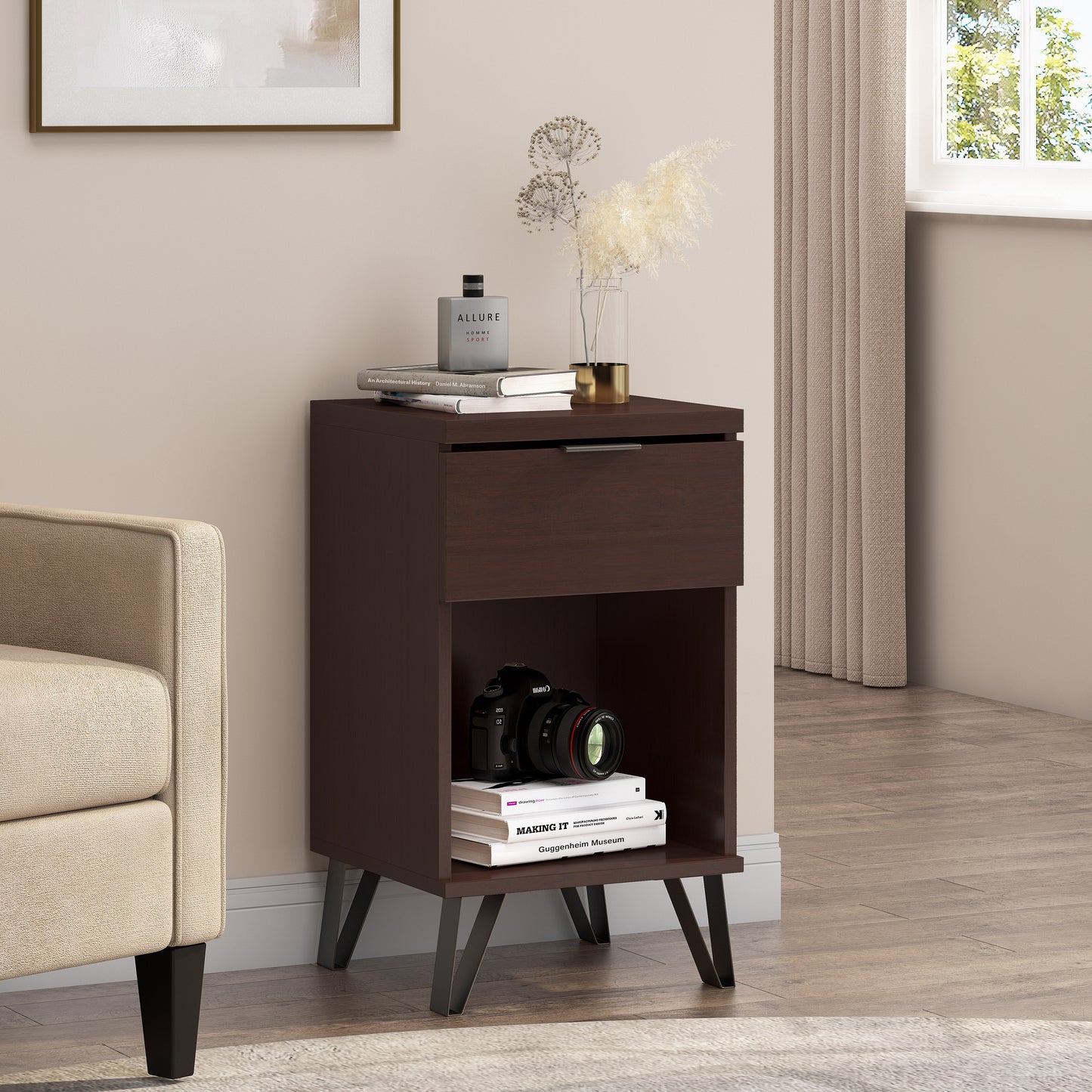 Walnut Tall End Table, Elegant and Functional Design for Living Rooms and Bedrooms