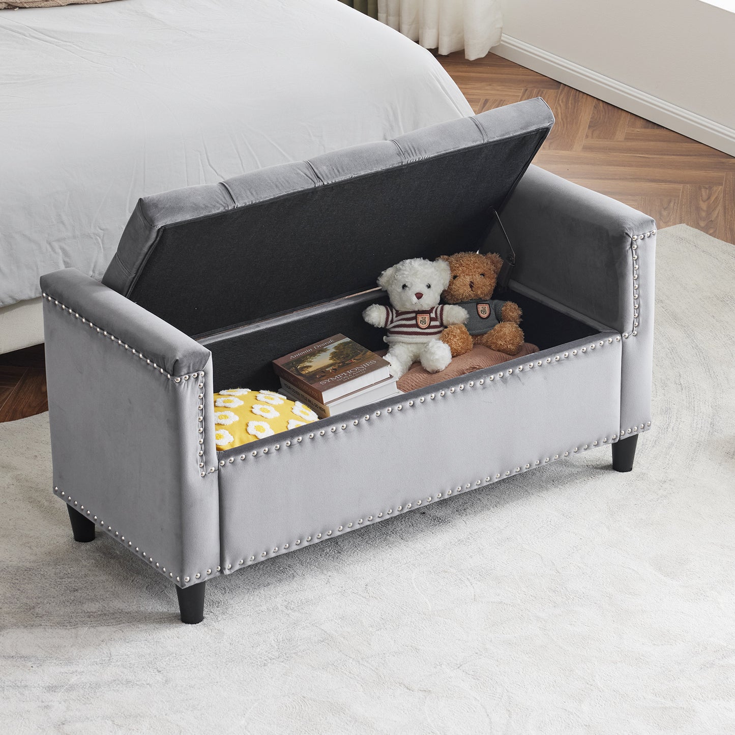 Storage Bench, 44.5-Inch Queen Velvet Button Bedside Bench, Entryway Living Room with Armrests, Nailhead Trim Gray