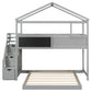 Twin over Full House Bunk Bed with Storage Staircase and Blackboard, Gray Finish