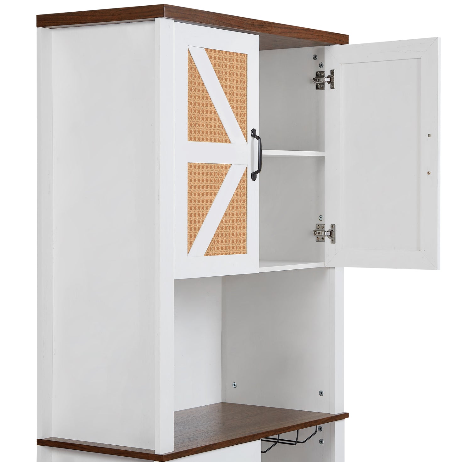 76-Inch Tall Farmhouse Kitchen Faux Rattan Wine Cabinet with Square Compartments and Shelves