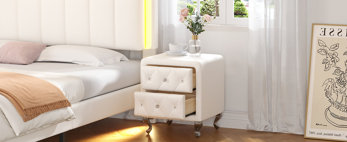 Elegant PU bedside table with 2 drawers and crystal handles, storage with metal legs - white