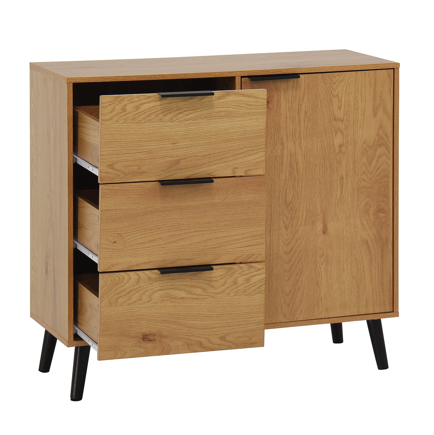 Storage cabinet with 3 drawers and adjustable shelves, medieval cabinet with doors in natural wood color