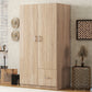 Wooden Wardrobe with Double Doors, Armoire with Hanging Rod, 5 Fixed Shelves, and 1 Drawer, Natural Finish