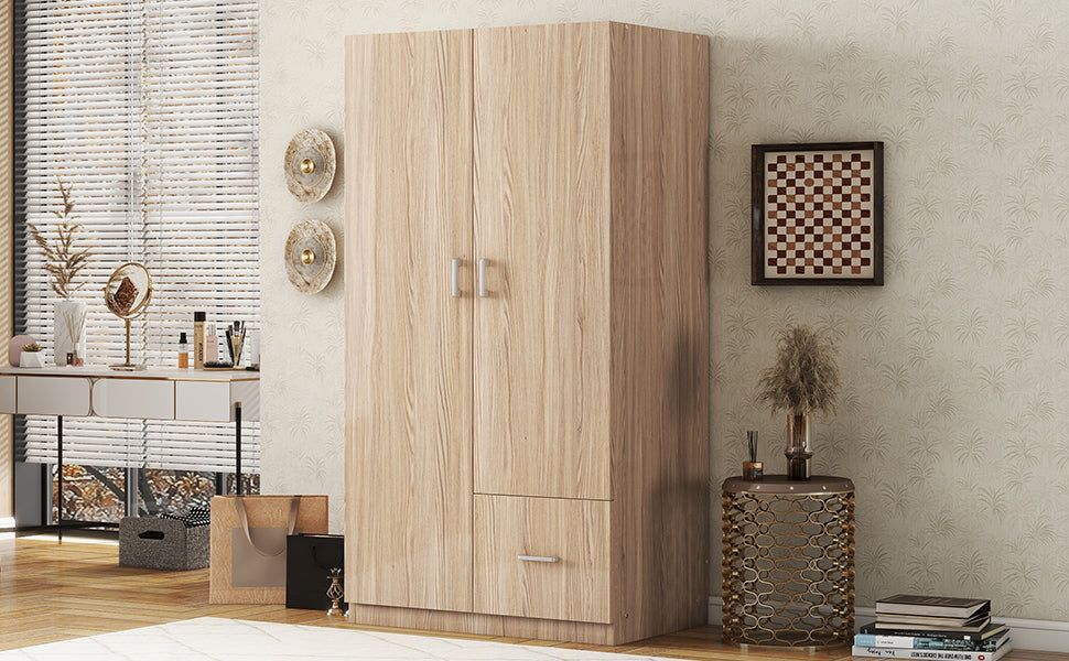 Wooden Wardrobe with Double Doors, Armoire with Hanging Rod, 5 Fixed Shelves, and 1 Drawer, Natural Finish