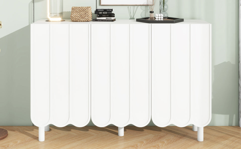 ON-TRANS Cream Shoe Cabinet with 5 Adjustable Solid Wood Legs, Large Storage with Wave Doors, White