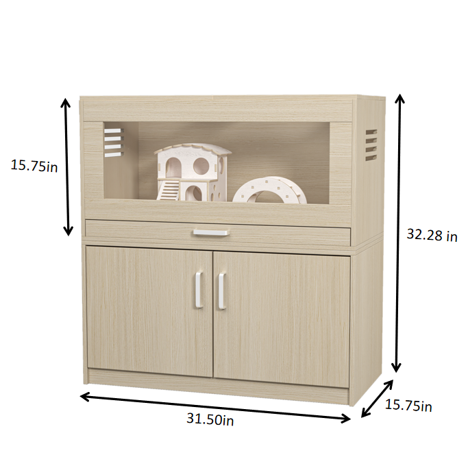 Squirrel cage acrylic panel with independent storage cabinet and wooden guinea pig room with bridge (L 31.50 x W 15.75 x H32.28)