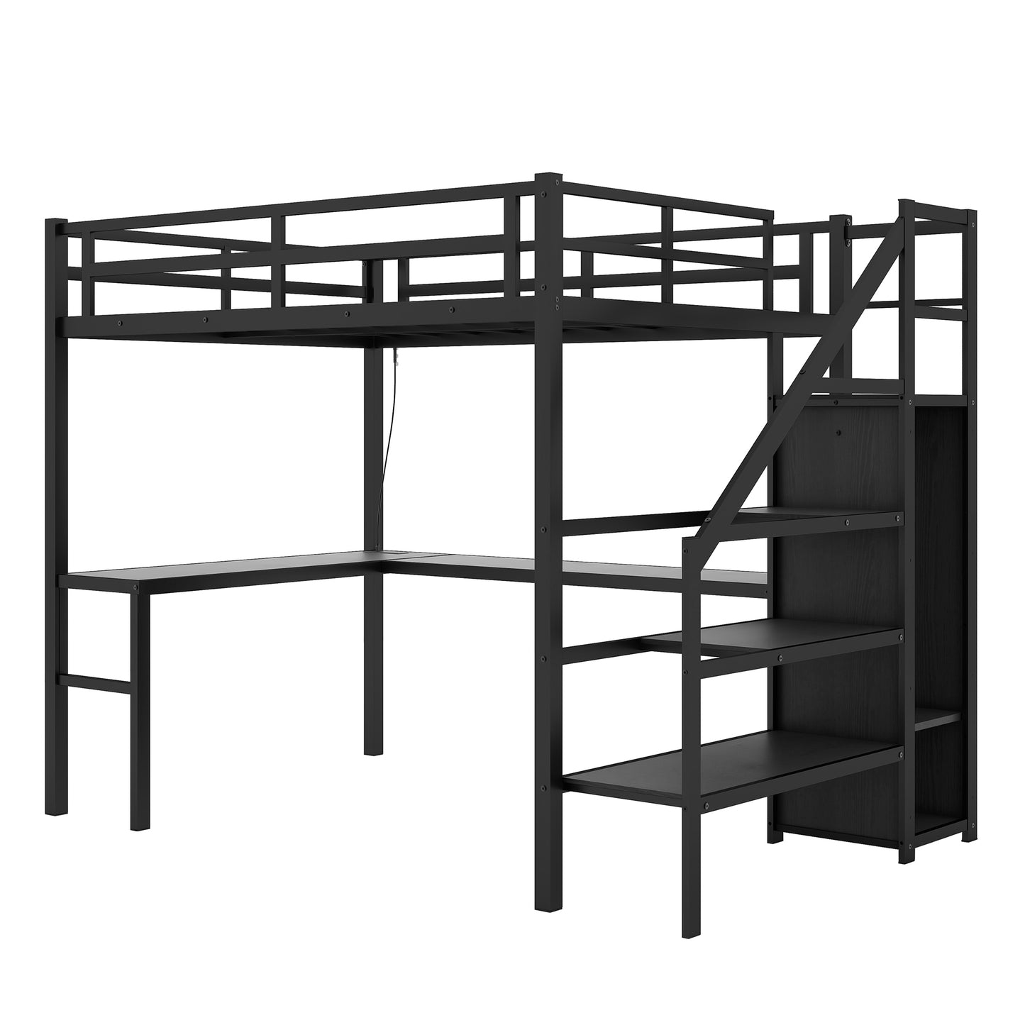 Cama alta de tamaño completo con escritorio en forma de L, puerto USB, armario y estante ajustable, color negro