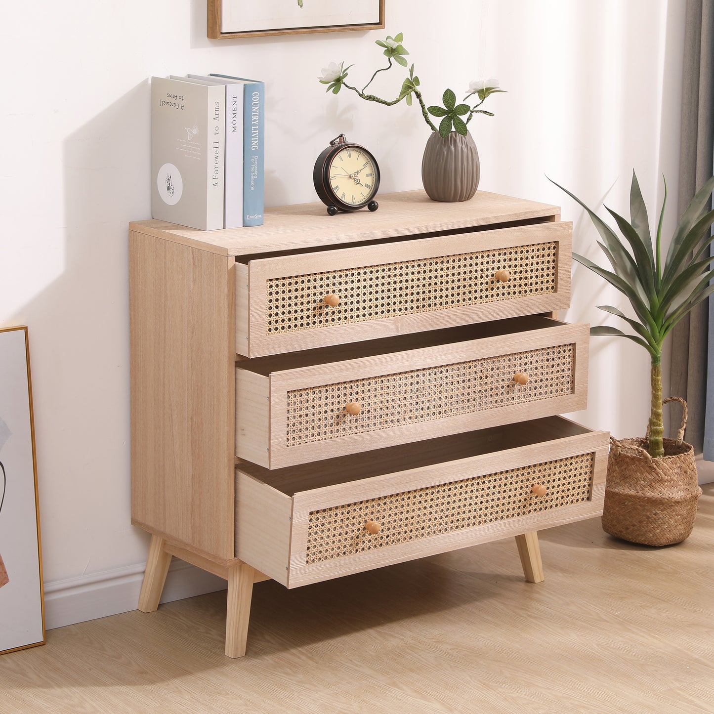 3-Drawers Rattan Storage Cabinet Rattan Drawer,for Bedroom,Living Room,Natural