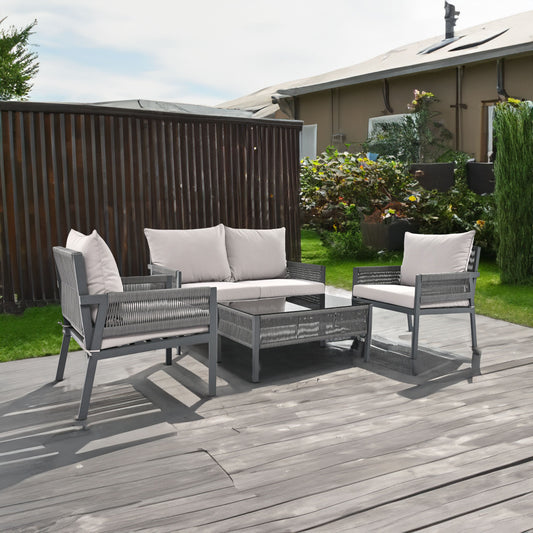 Outdoor Furniture with Tempered Glass Table, Deep Seating with Thick Cushions for Backyards and Porches, Grey