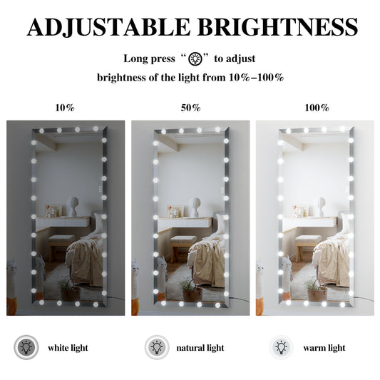 72X32 inch Hollywood full body mirror with light  dressing mirror with 3 color modes of lighting  standing floor mirror touch co