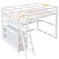 Full Size Loft Bed with Desk and Shelves,Two Built-in Drawers White