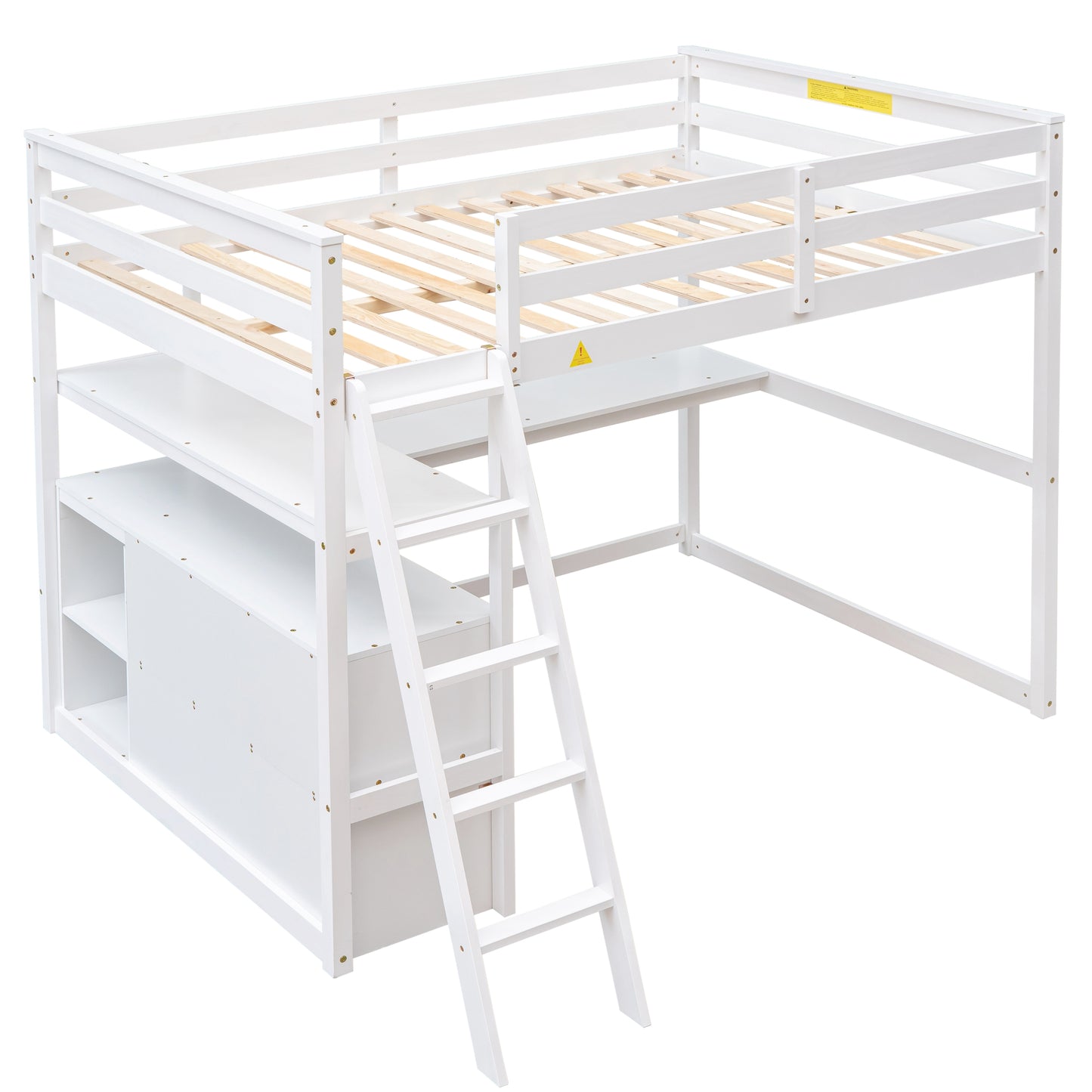 Full Size Loft Bed with Desk and Shelves,Two Built-in Drawers White