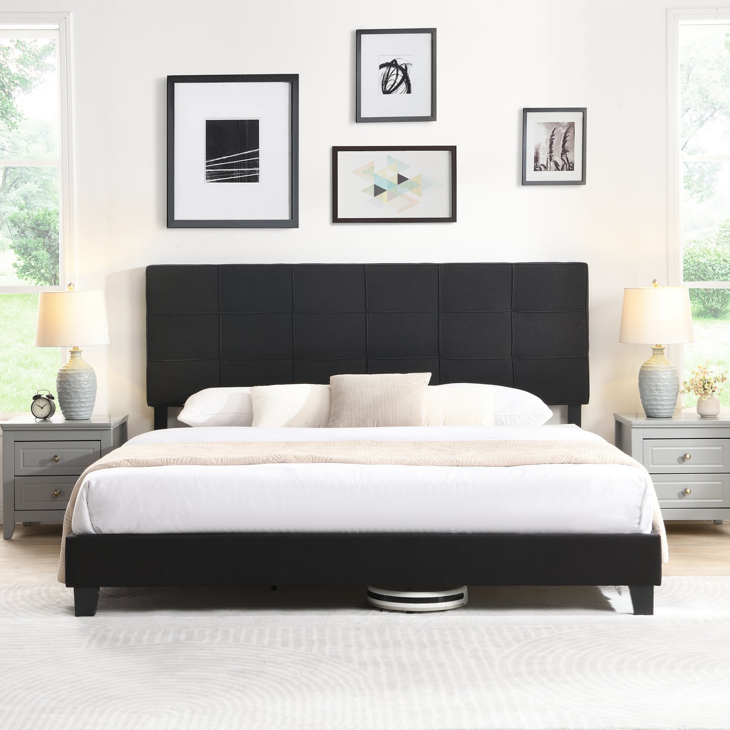 King Size Upholstered Platform Bed Frame with Linen Fabric Headboard BLACK