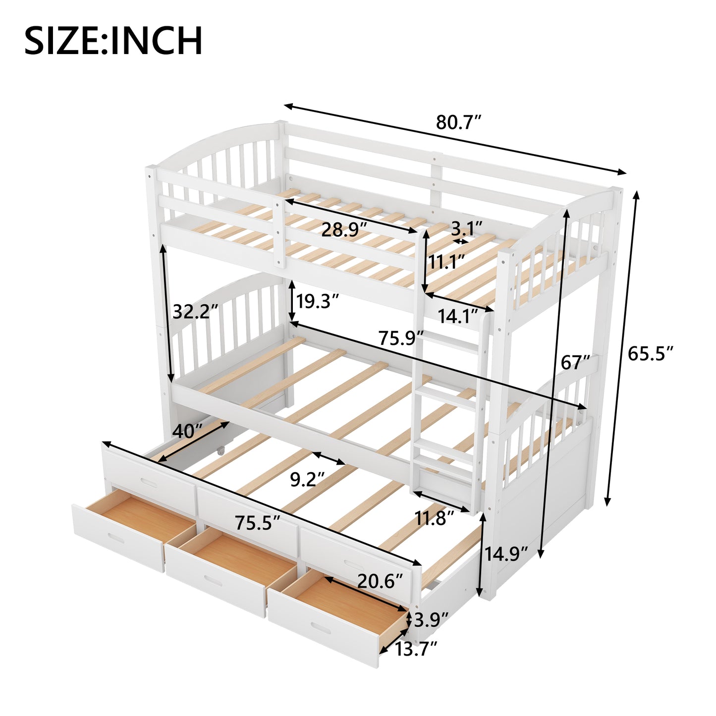 Twin over Twin Wood Bunk Bed with Trundle and Drawers White