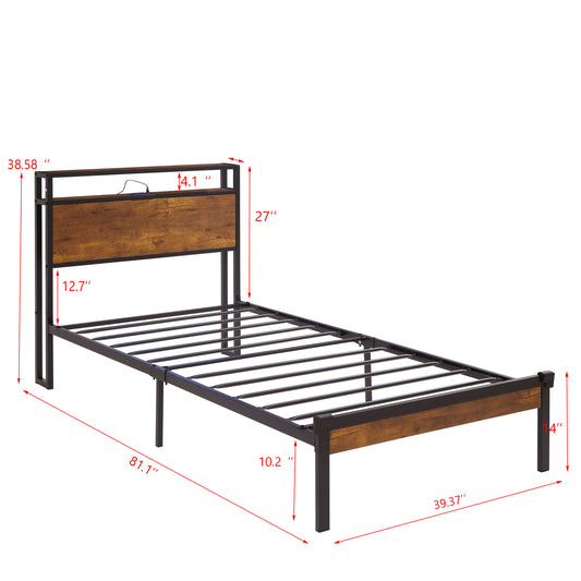 Dual size metal platform bed frame with wooden headboard and footrest, USB LINER, LED lights