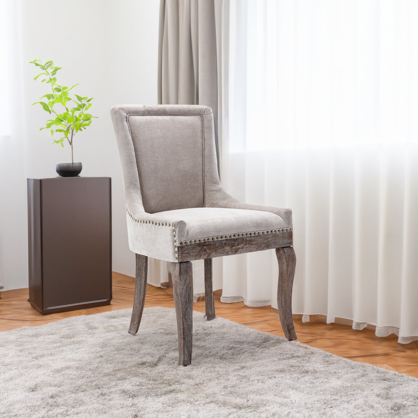 Ultra Side Dining Chair Thickened fabric chairs with neutrally toned solid wood legs  Bronze nail head Set of 2 Beige