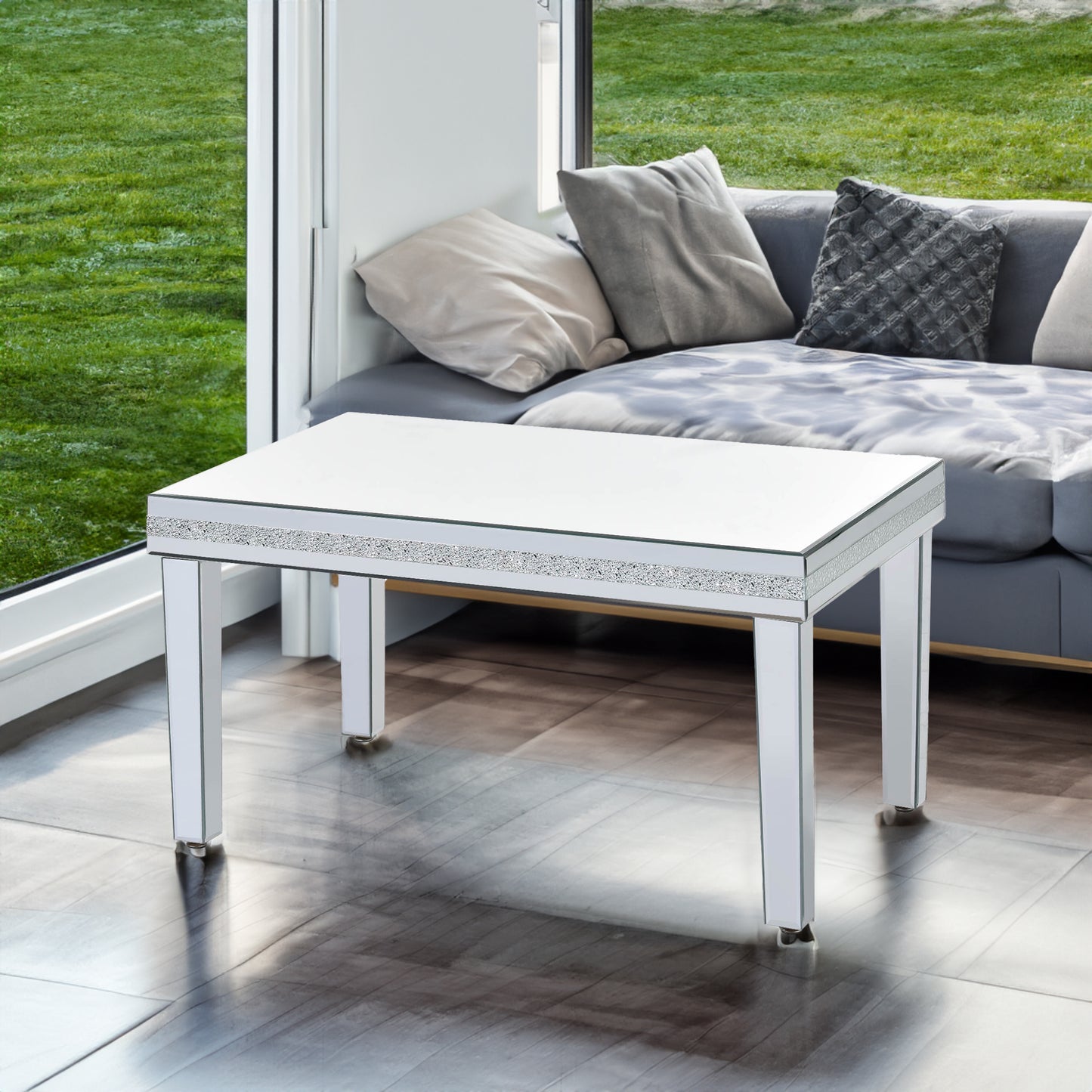 ON-TRANS Stylish Modern Glass Mirrored Coffee Table with Crystal Design and Adjustable Height Legs, Silver Finish