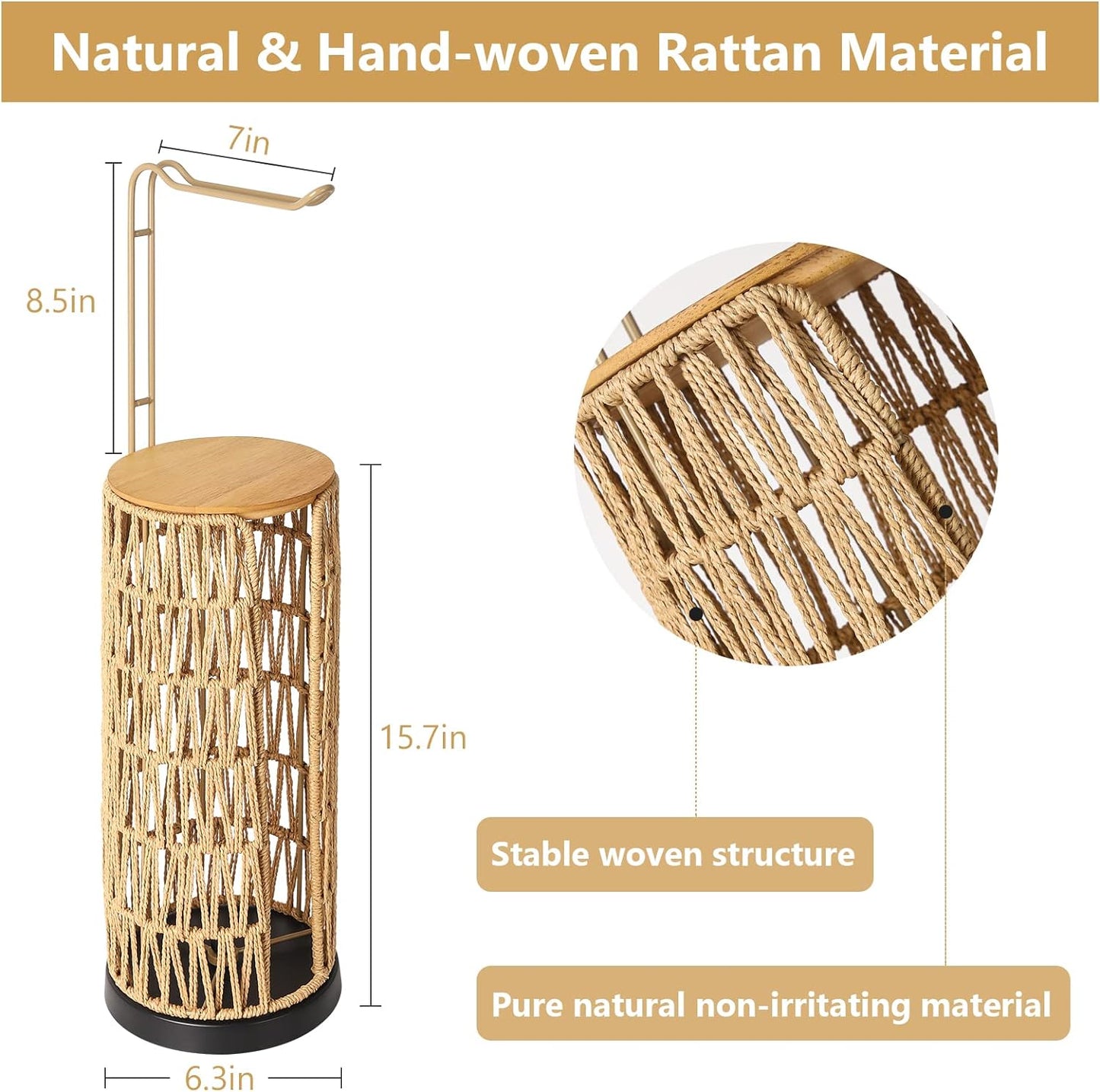 Freestanding Toilet Paper Holder with Storage 3 Rolls of Tissue Holder for Bathroom Handmade Woven Toilet Paper Roll Stand