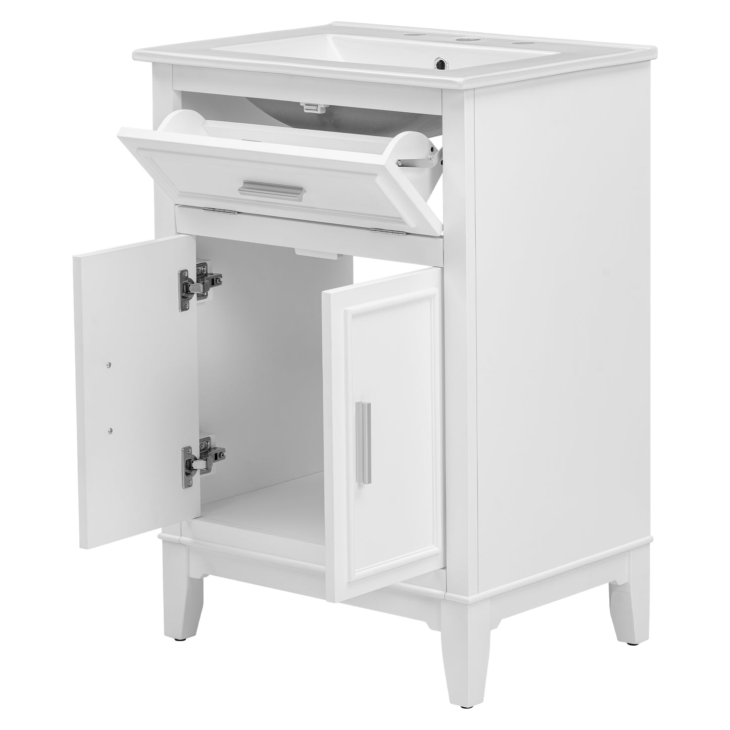 24" Bathroom Vanity with Sink, Solid Wood and MDF Cabinet with One Flip Drawer and Doors, White