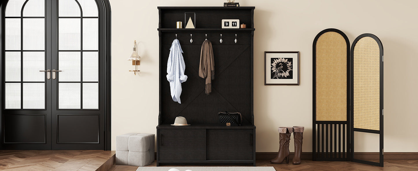 Hall Tree with Roof Rack and Storage Platform, Corridor Shoe Cabinet with Sliding Door and 5 Hooks, Black