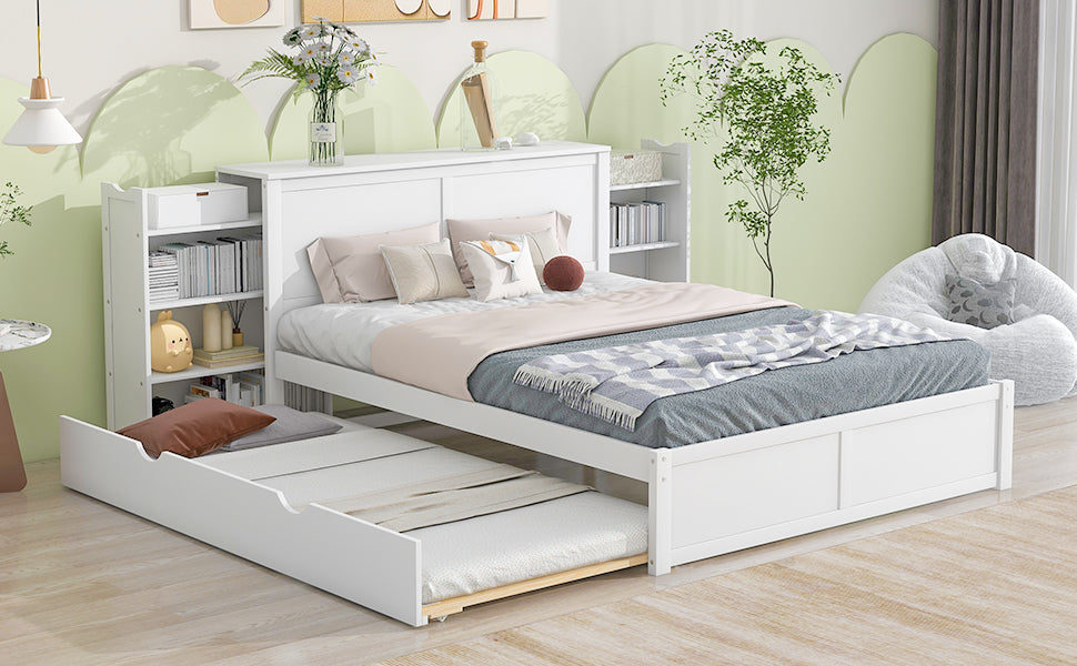 Queen Size Storage Platform Bed with Pull Out Shelves and Twin XL Size Trundle  White