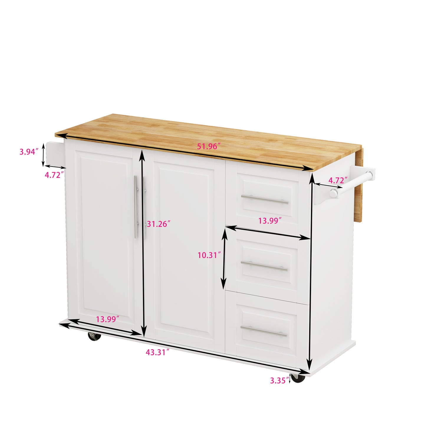 Carrito de cocina con isla con gabinete de 2 puertas, 3 cajones, estante para especias y toallero, ancho de 43,31 pulgadas en color blanco