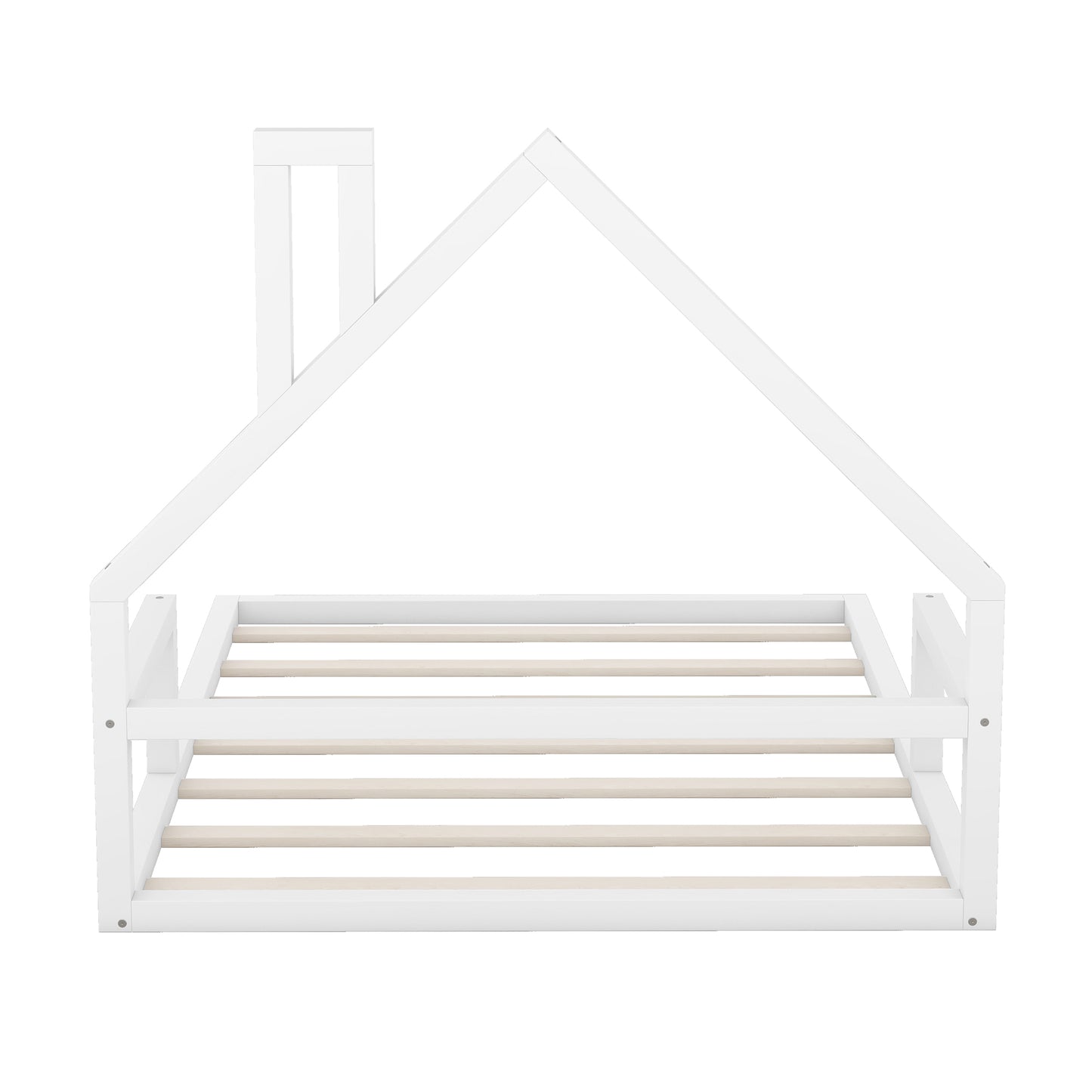 Full Size Wood Floor Bed with House-shaped Headboard  White