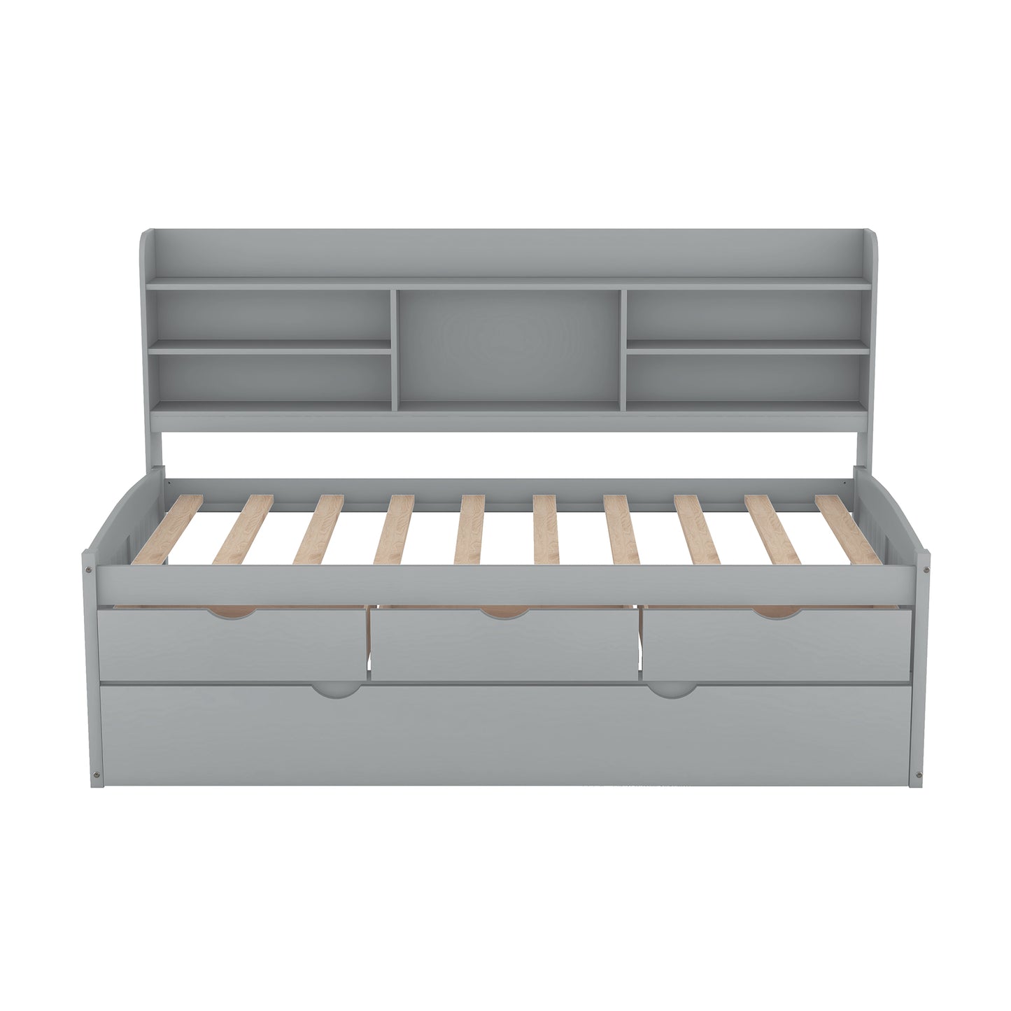 Twin Size Wooden Captain Bed with Built-in Bookshelves,Three Storage Drawers and Trundle Light Grey