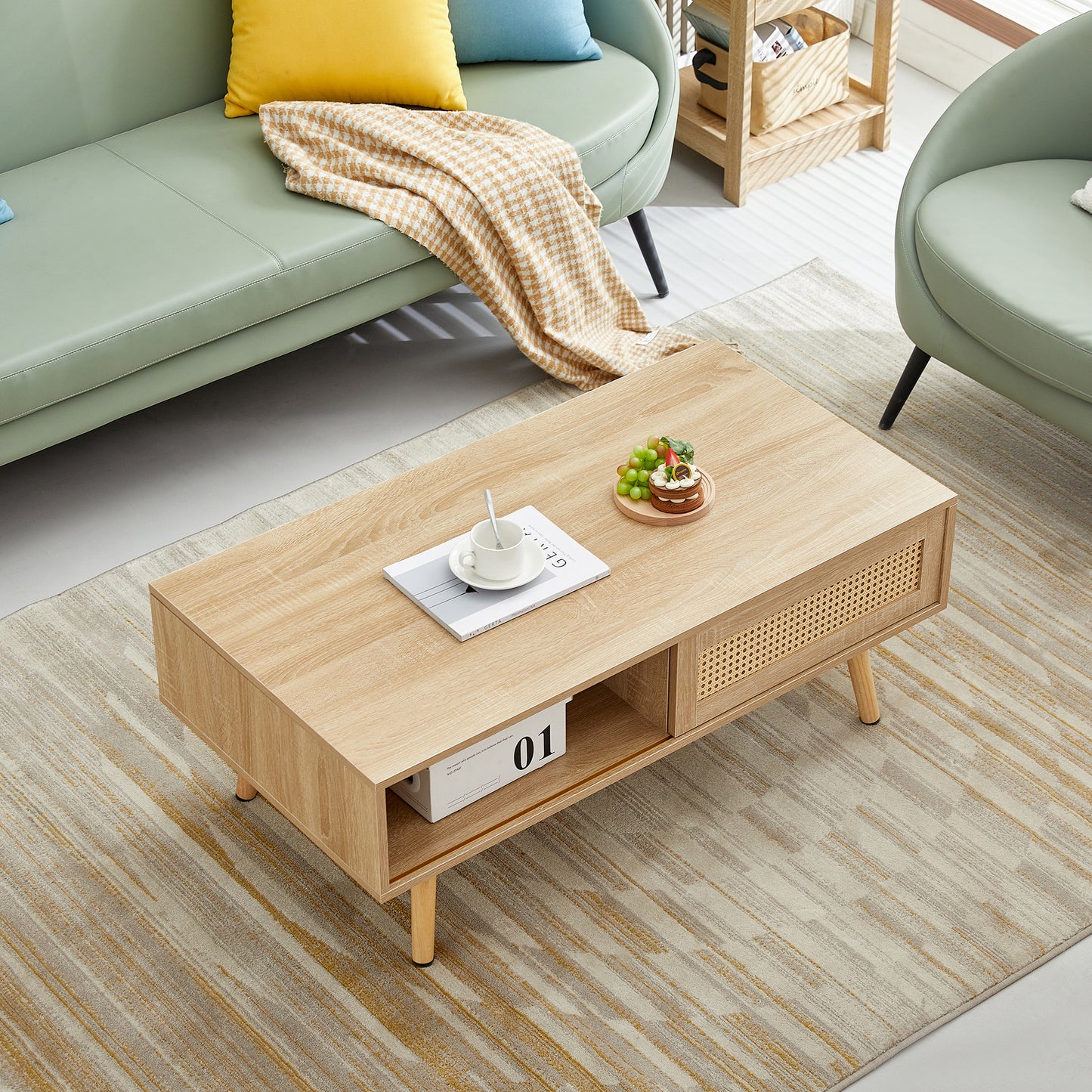 Rattan Coffee table sliding door for storage solid wood legs Modern table for living room natural